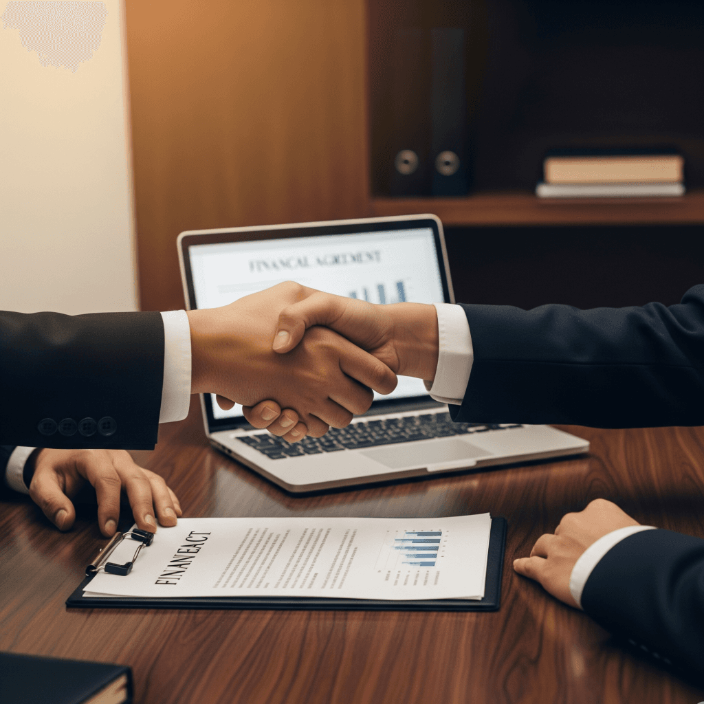 Business handshake over financial documents
